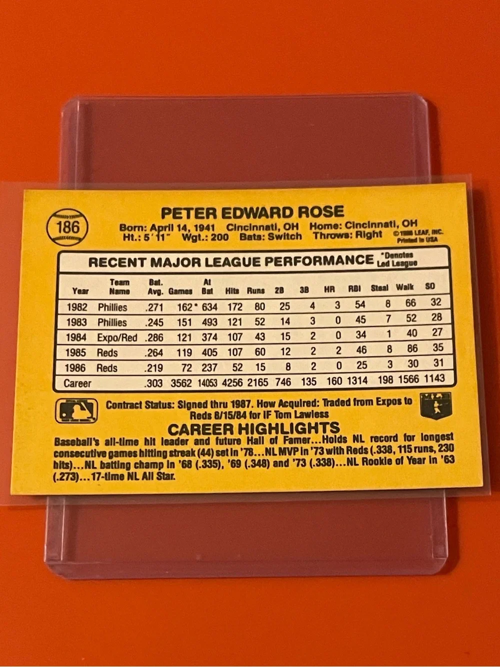 Pete Rose #186 1987 Donruss Baseball Trading Card